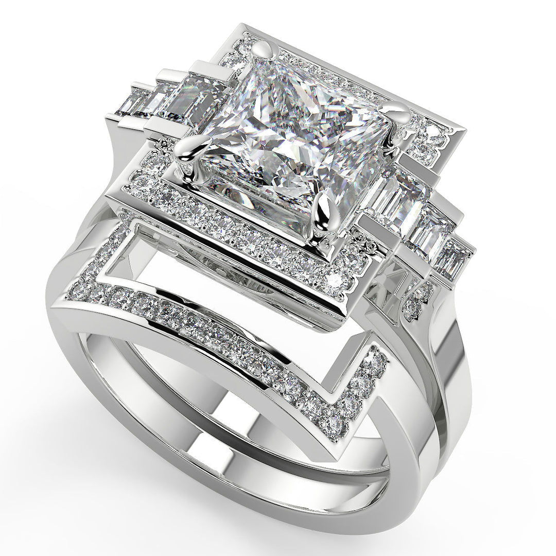 Allie Halo Baguette Accents Princess Cut Diamond Engagement Ring - Nivetta