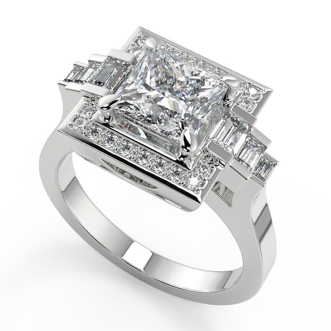 Allie Halo Baguette Accents Princess Cut Diamond Engagement Ring - Nivetta