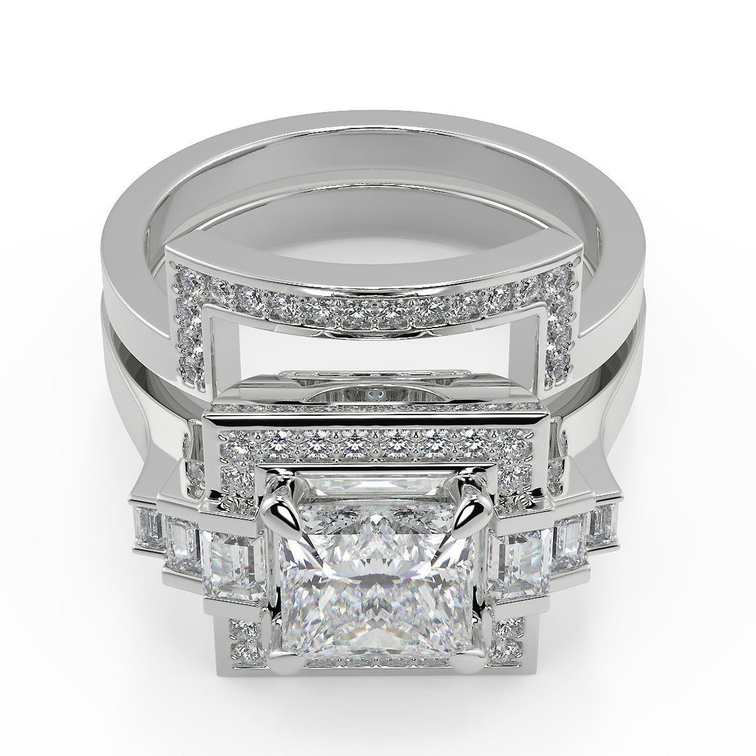 Allie Halo Baguette Accents Princess Cut Diamond Engagement Ring - Nivetta