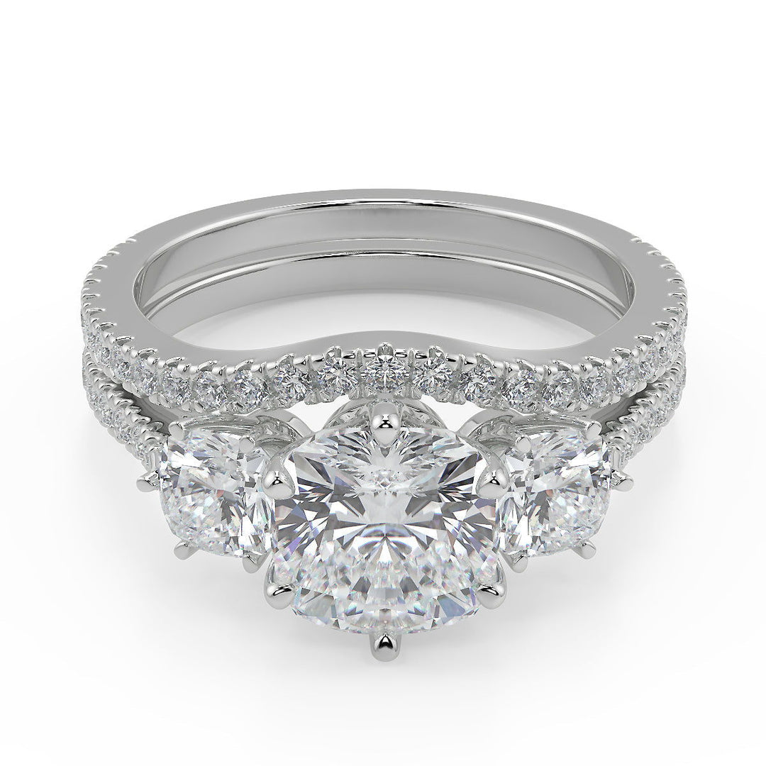 Anahi 3 Stone French Pave Cushion Cut Diamond Engagement Ring - Nivetta