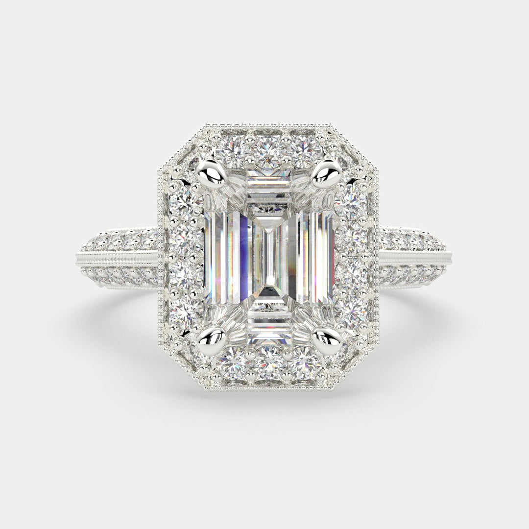 Beatrice Emerald Cut Halo Pave Knife Edge Milgrain Engagement Ring Setting - Nivetta