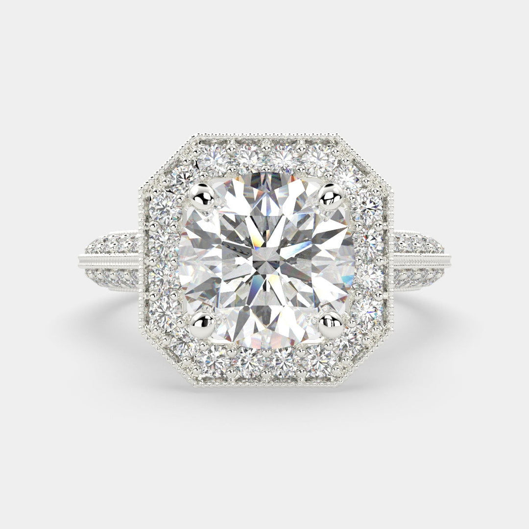 Beatrice Round Cut Halo Pave Knife Edge Milgrain Engagement Ring Setting - Nivetta