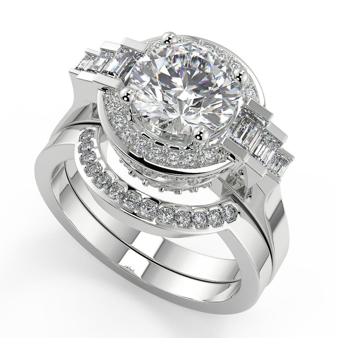 Bella Halo Baguette Accents Round Cut Diamond Engagement Ring - Nivetta