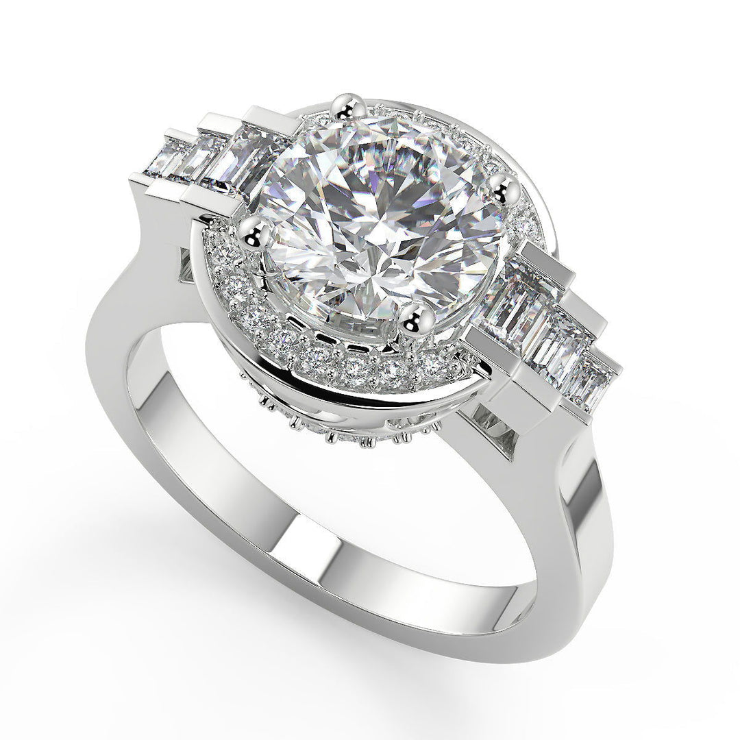 Bella Halo Baguette Accents Round Cut Diamond Engagement Ring - Nivetta