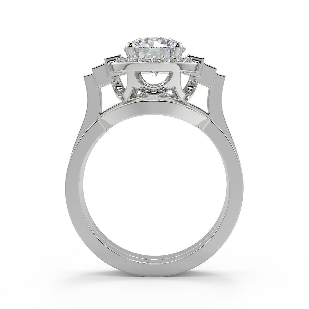 Bella Halo Baguette Accents Round Cut Diamond Engagement Ring - Nivetta