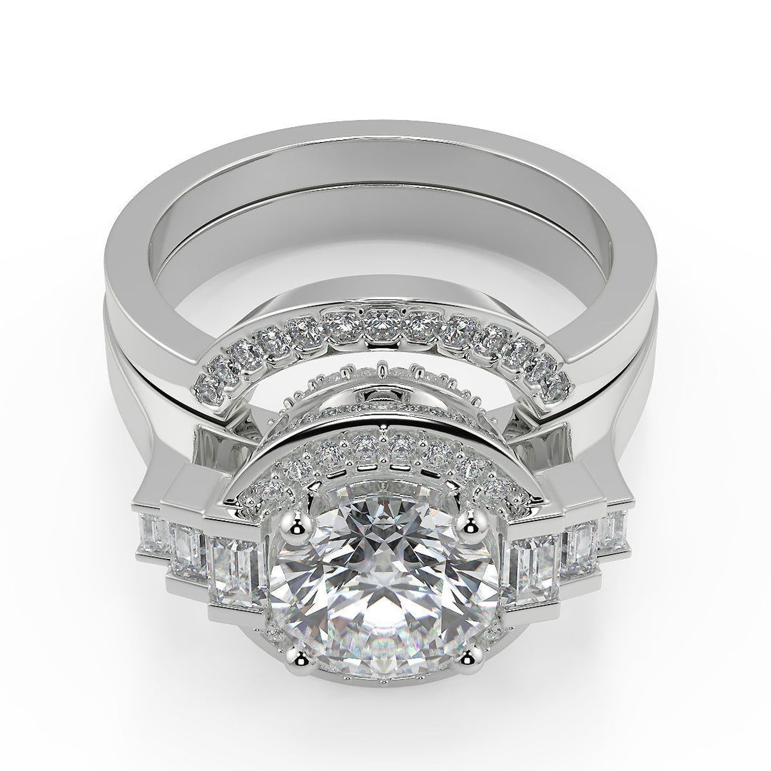 Bella Halo Baguette Accents Round Cut Diamond Engagement Ring - Nivetta