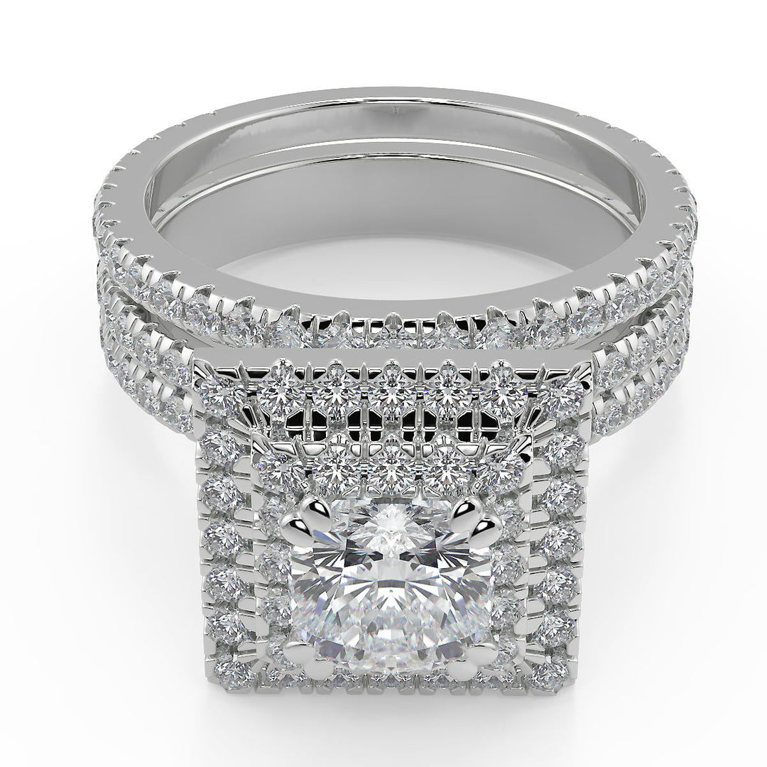 Carlee Double Halo Pave Gala Cushion Cut Diamond Engagement Ring - Nivetta