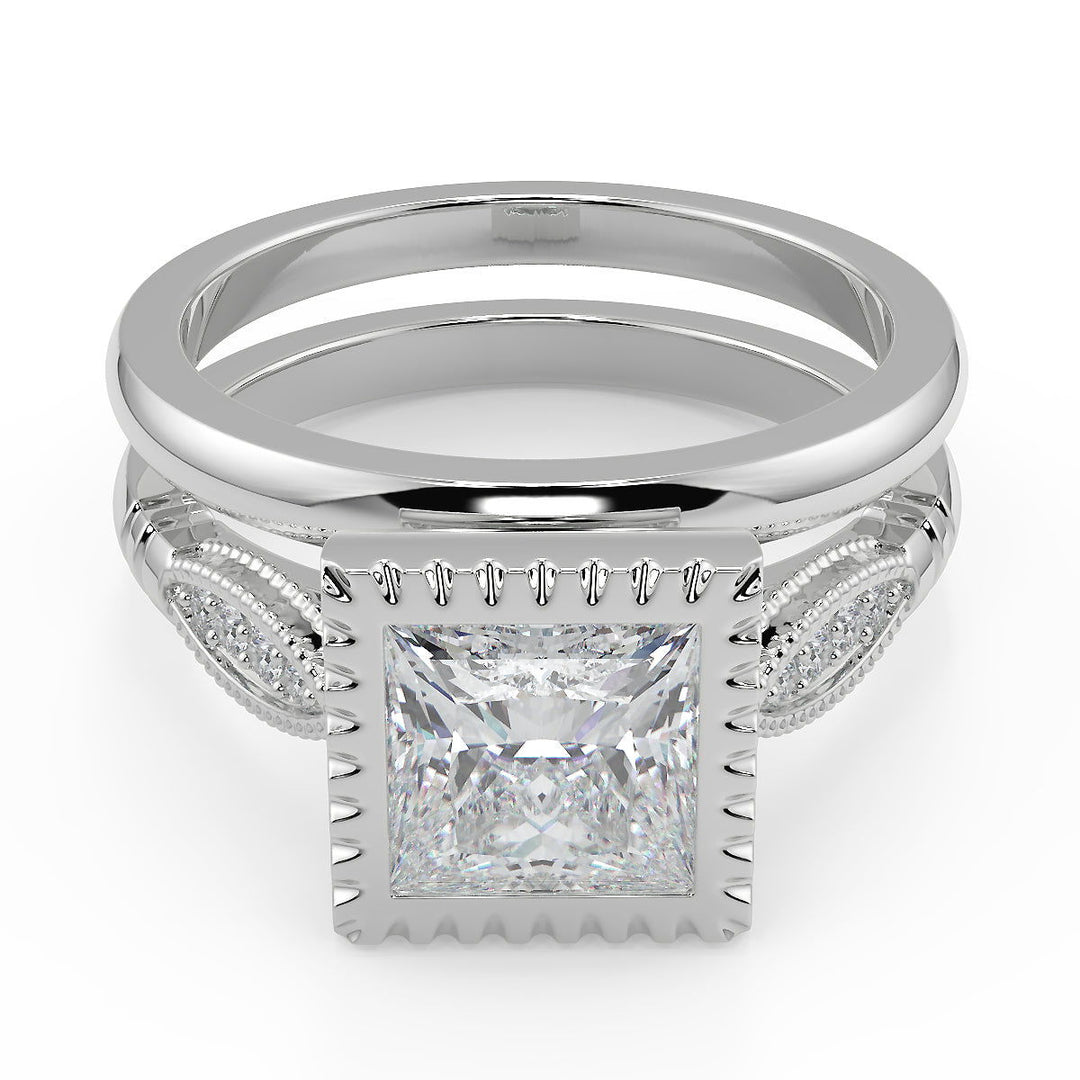 Elle Bezel Set Milgrain Pave Princess Cut Diamond Engagement Ring - Nivetta