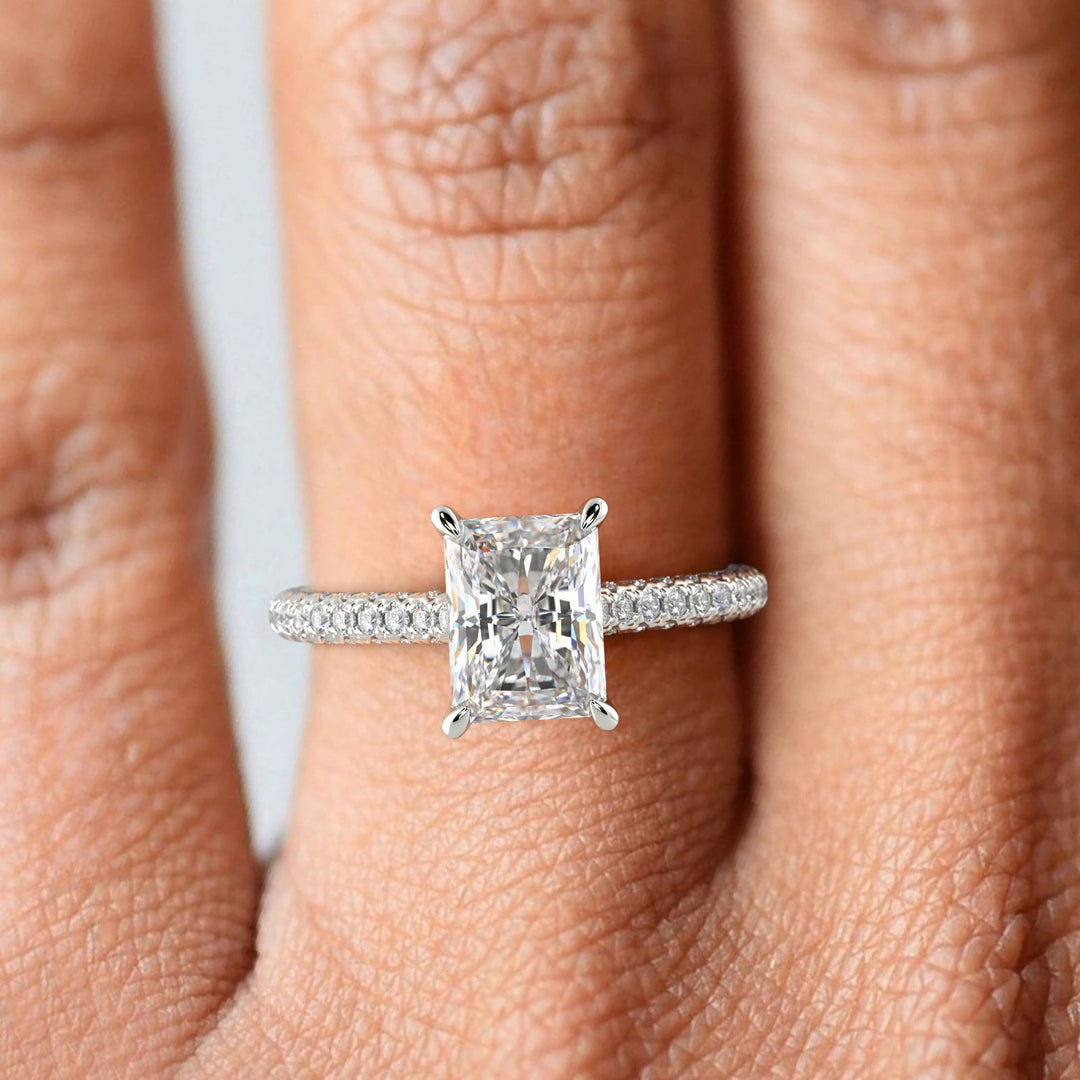 Emilia Radiant Cut Pave Halo 4 Prong Claw Set Engagement Ring - Nivetta