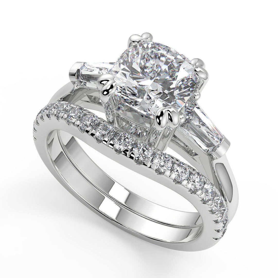 Jacey Baguette Accents 3 Stone Double Prong Cushion Cut Diamond Engagement Ring - Nivetta