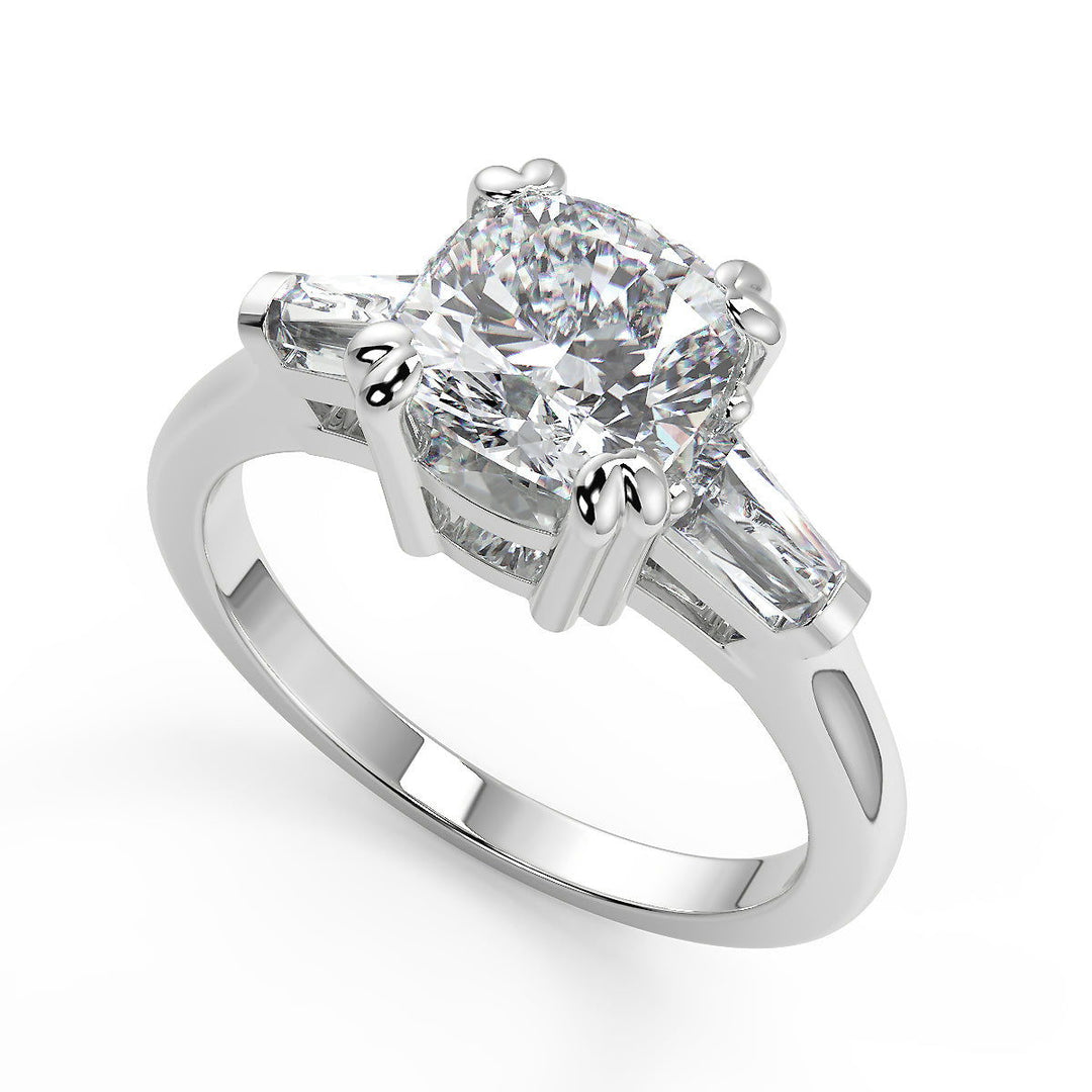 Jacey Baguette Accents 3 Stone Double Prong Cushion Cut Diamond Engagement Ring - Nivetta