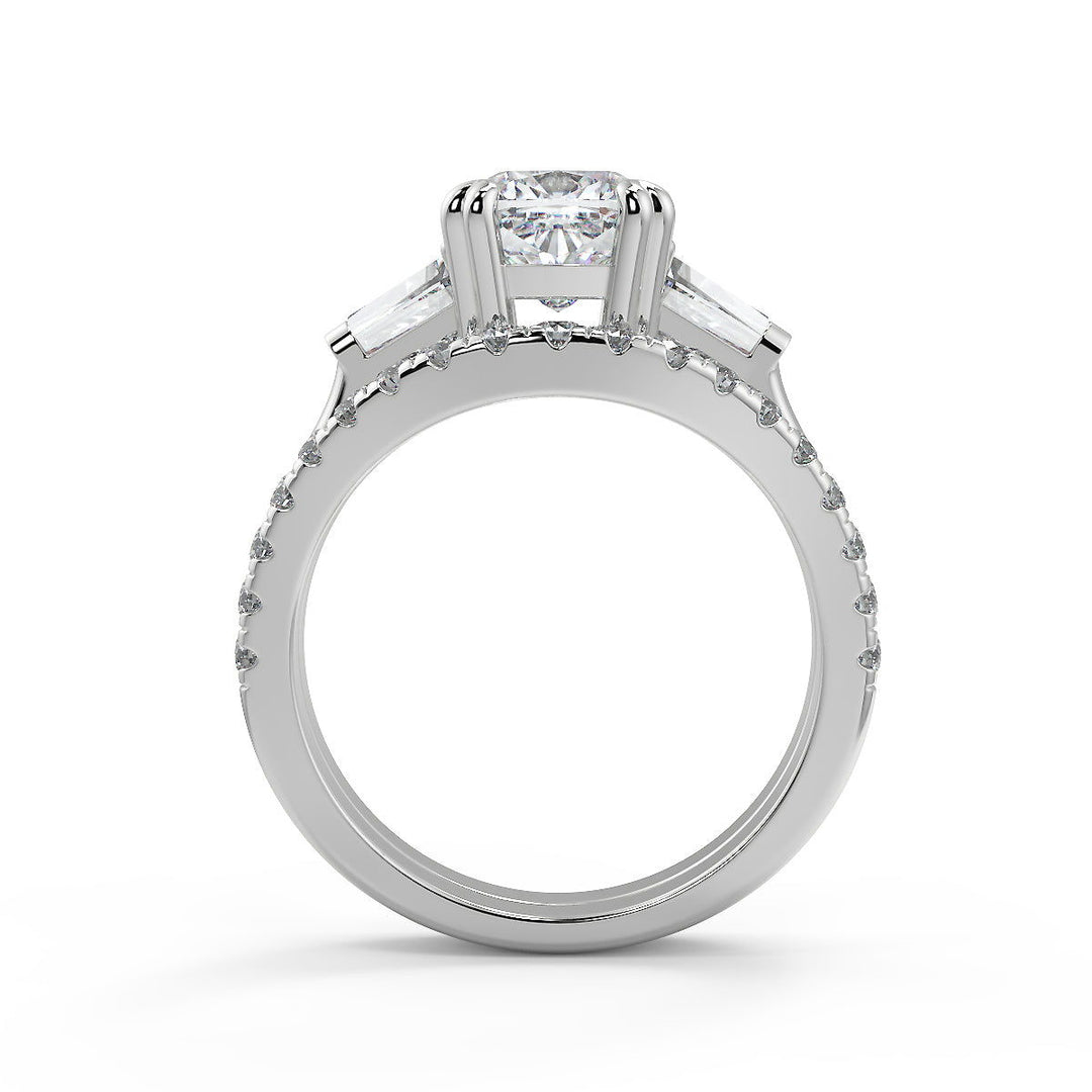 Jacey Baguette Accents 3 Stone Double Prong Cushion Cut Diamond Engagement Ring - Nivetta