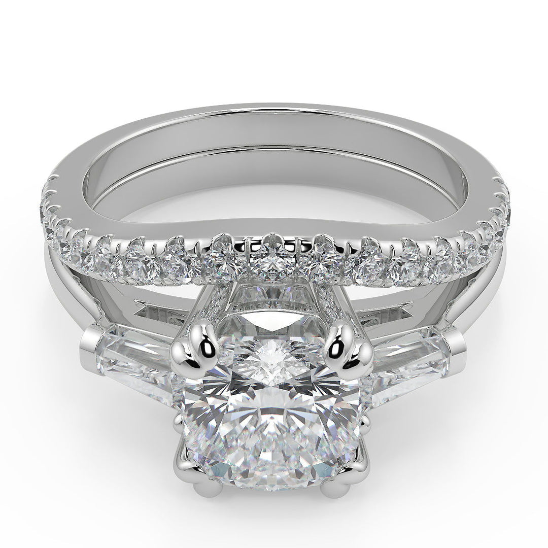 Jacey Baguette Accents 3 Stone Double Prong Cushion Cut Diamond Engagement Ring - Nivetta