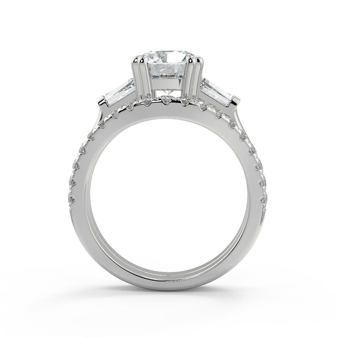 Maggie Baguette Accents 3 Stone Round Cut Double Prong Ring - Nivetta