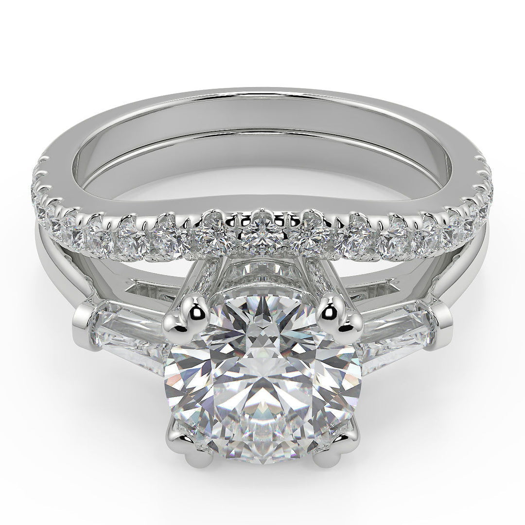 Maggie Baguette Accents 3 Stone Round Cut Double Prong Ring - Nivetta