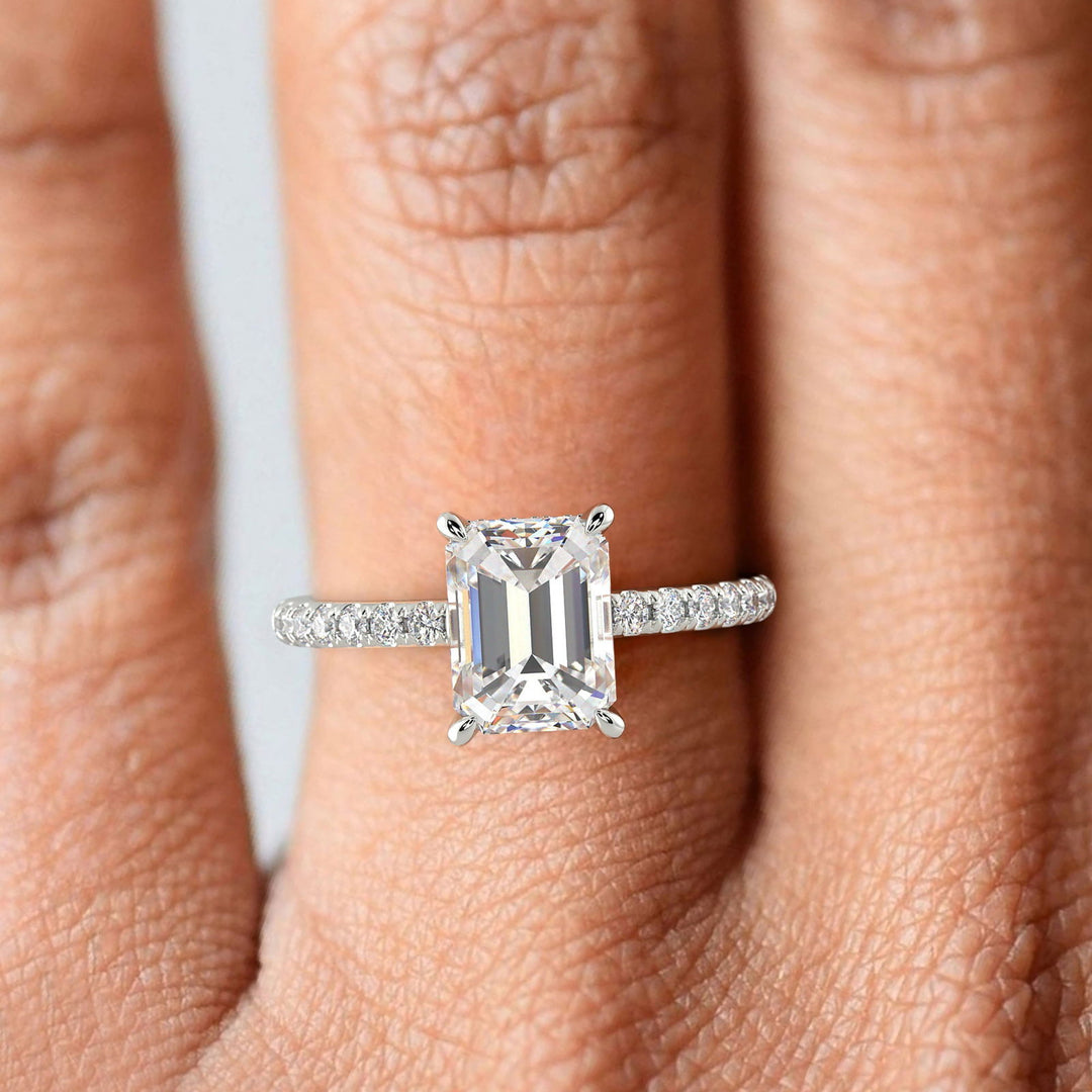 Pauline Emerald Cut Pave Hidden Halo 4 Prong Claw Set Engagement Ring Setting - Nivetta