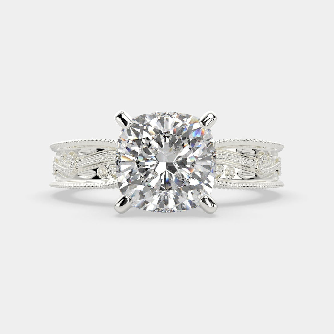 Sabrina Cushion Cut Solitaire Hand Engraved Milgrain Engagement Ring Setting - Nivetta