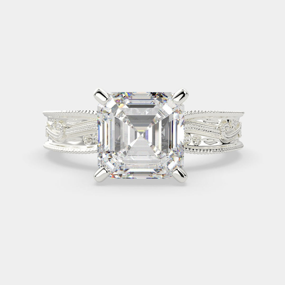 Sabrina Emerald Cut Solitaire Hand Engraved Milgrain Engagement Ring Setting - Nivetta