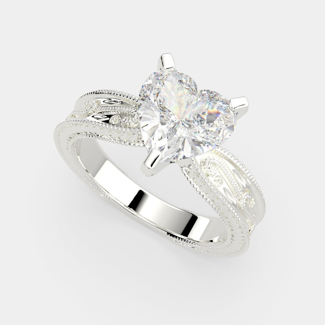 Sabrina Heart Cut Solitaire Hand Engraved Milgrain Engagement Ring Setting - Nivetta