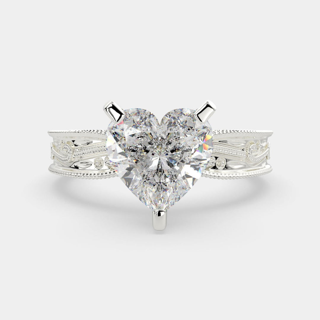 Sabrina Heart Cut Solitaire Hand Engraved Milgrain Engagement Ring Setting - Nivetta