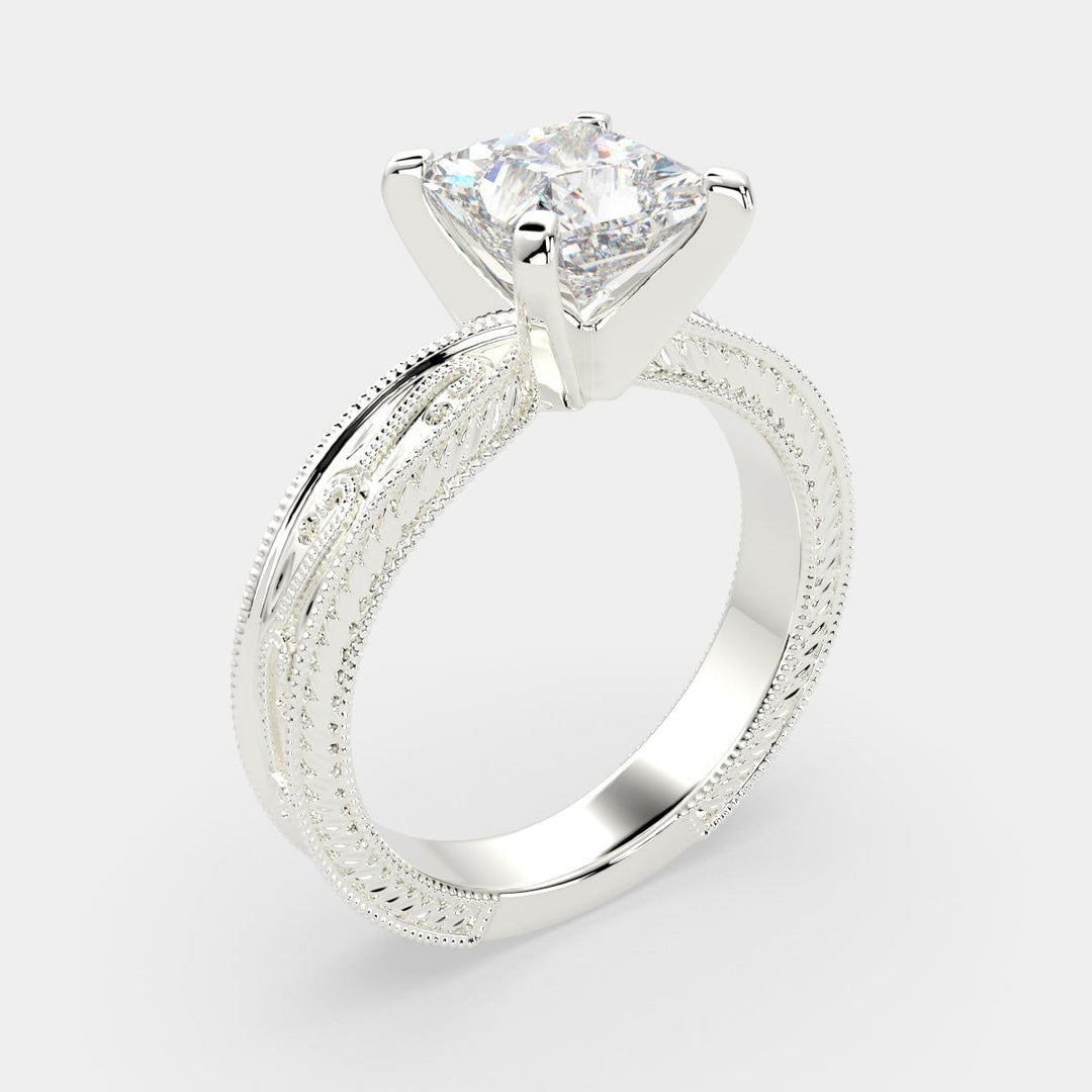 Sabrina Princess Cut Solitaire Hand Engraved Milgrain Engagement Ring Setting - Nivetta