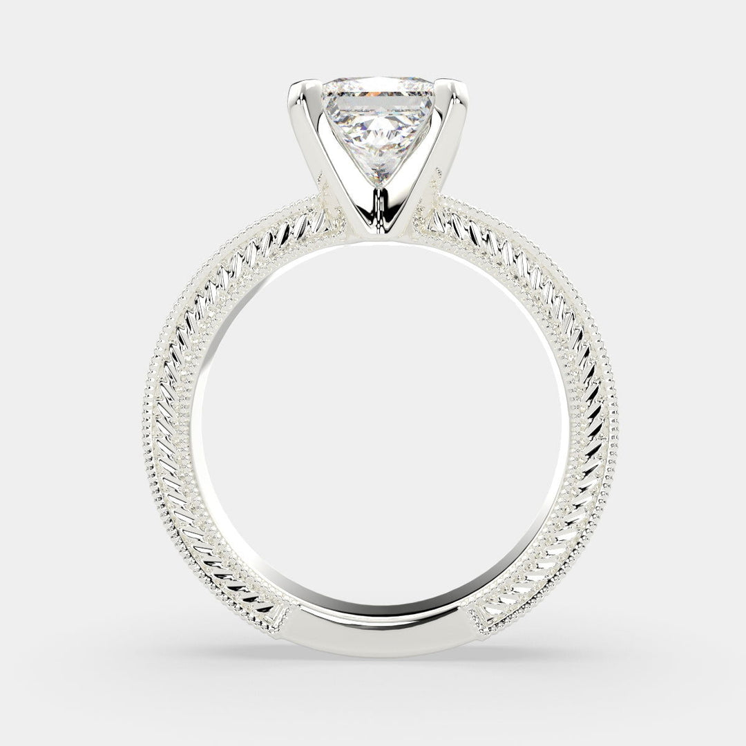 Sabrina Princess Cut Solitaire Hand Engraved Milgrain Engagement Ring Setting - Nivetta