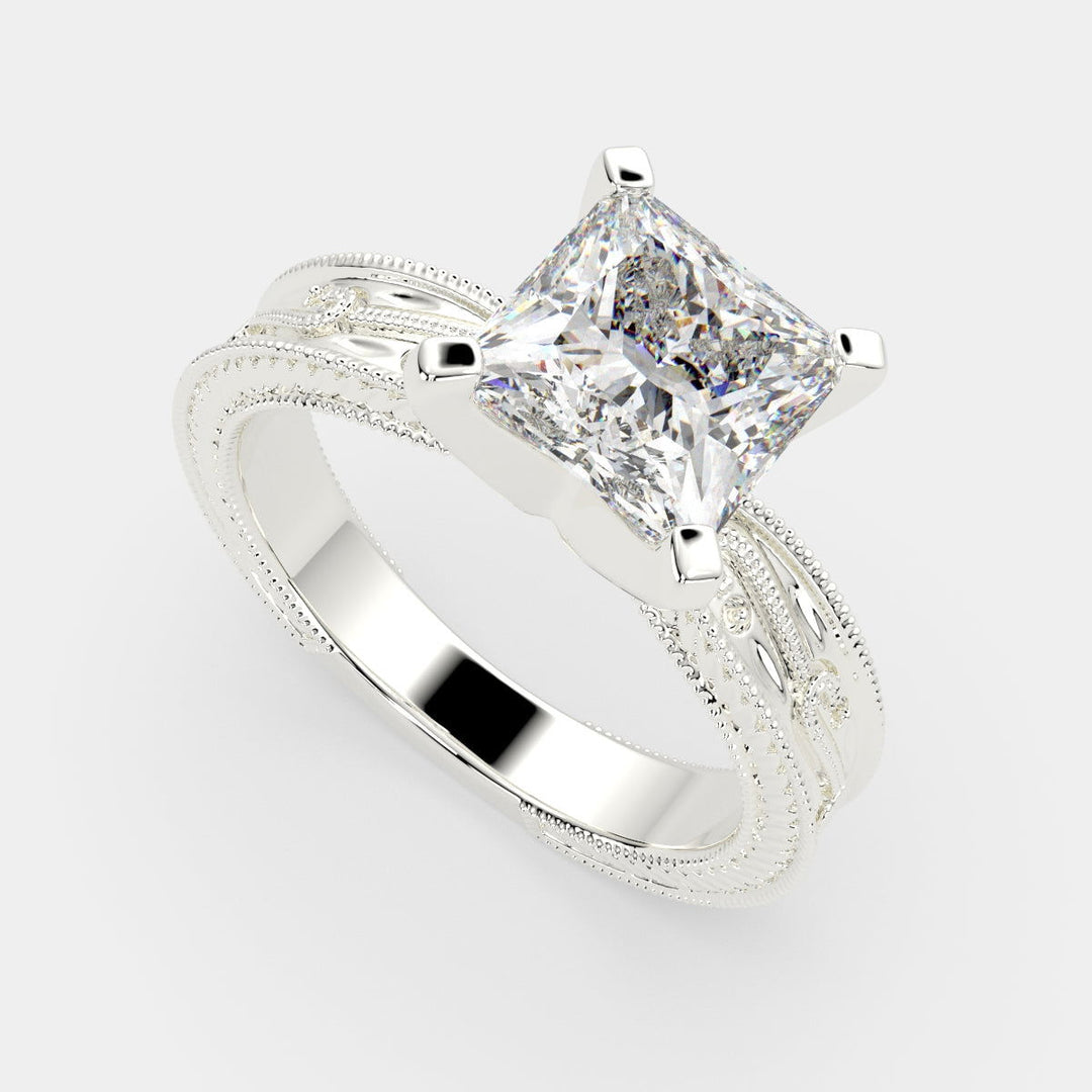 Sabrina Princess Cut Solitaire Hand Engraved Milgrain Engagement Ring Setting - Nivetta