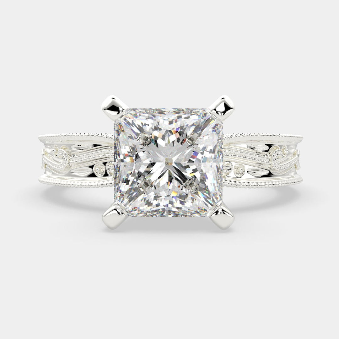 Sabrina Princess Cut Solitaire Hand Engraved Milgrain Engagement Ring Setting - Nivetta