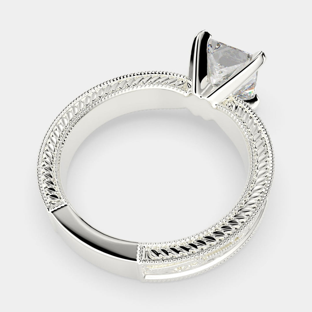 Sabrina Princess Cut Solitaire Hand Engraved Milgrain Engagement Ring Setting - Nivetta