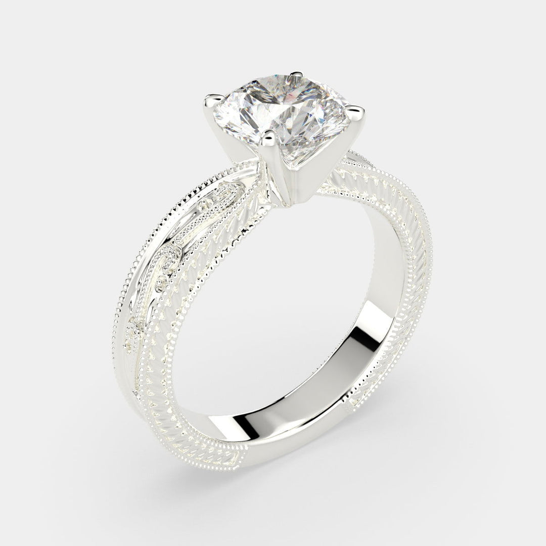 Sabrina Round Cut Solitaire Hand Engraved Milgrain Engagement Ring Setting - Nivetta