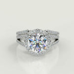 Load and play video in Gallery viewer, Edith Halo Pave Split Shank Cushion Cut Diamond Engagement Ring
