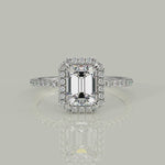 Load and play video in Gallery viewer, Catalina Emerald Cut Halo 4 Prong Claw Set Engagement Ring
