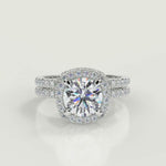 Load and play video in Gallery viewer, Jada Micro Pave Halo Cushion Cut Diamond Engagement Ring