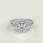 Load and play video in Gallery viewer, Maggie Baguette Accents 3 Stone Round Cut Double Prong Ring