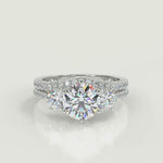 Load and play video in Gallery viewer, Anahi 3 Stone French Pave Cushion Cut Diamond Engagement Ring