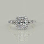 Load and play video in Gallery viewer, Luciana Radiant Cut Halo Split Shank Claw Set Engagement Ring