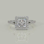 Load and play video in Gallery viewer, Luciana Princess Cut Pave Halo Split Shank Claw Set Ring
