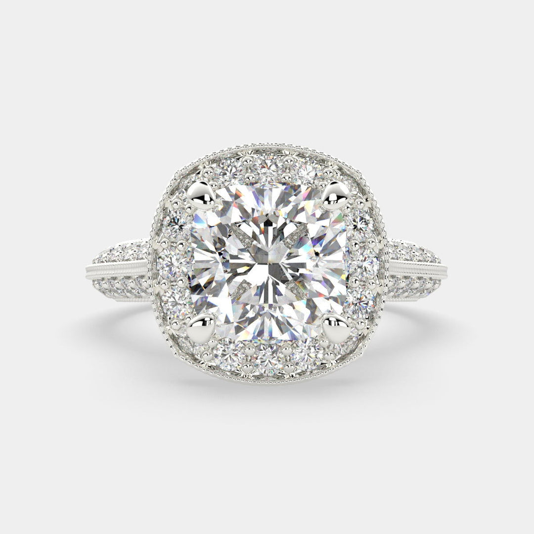 Beatrice Cushion Cut Halo Pave Knife Edge Milgrain Engagement Ring Setting - Nivetta