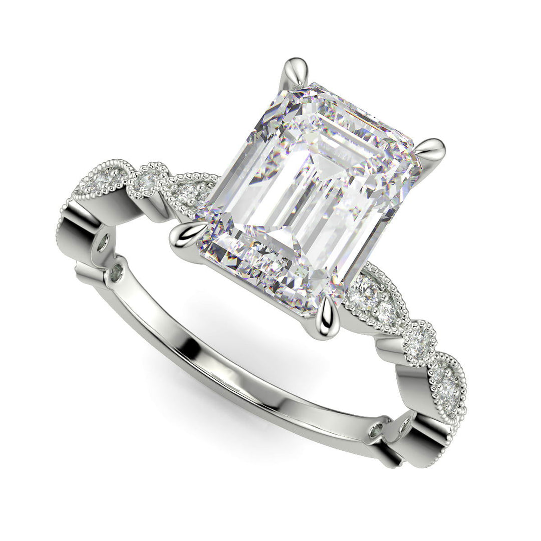 Caroline Emerald Cut Pave Art Deco 4 Prong Claw Set Engagement Ring Setting - Nivetta