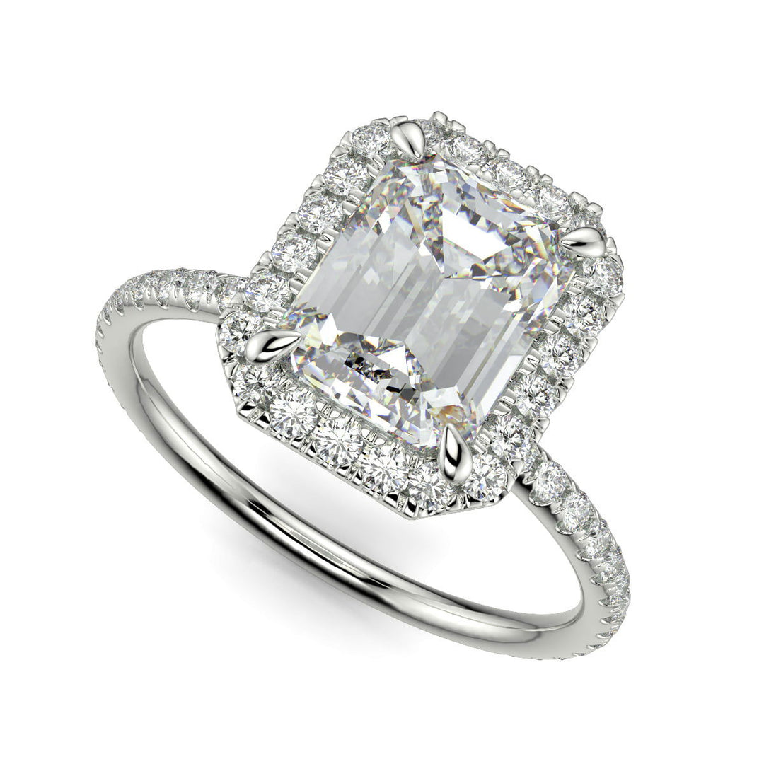 Catalina Emerald Cut Halo 4 Prong Claw Set Engagement Ring - Nivetta