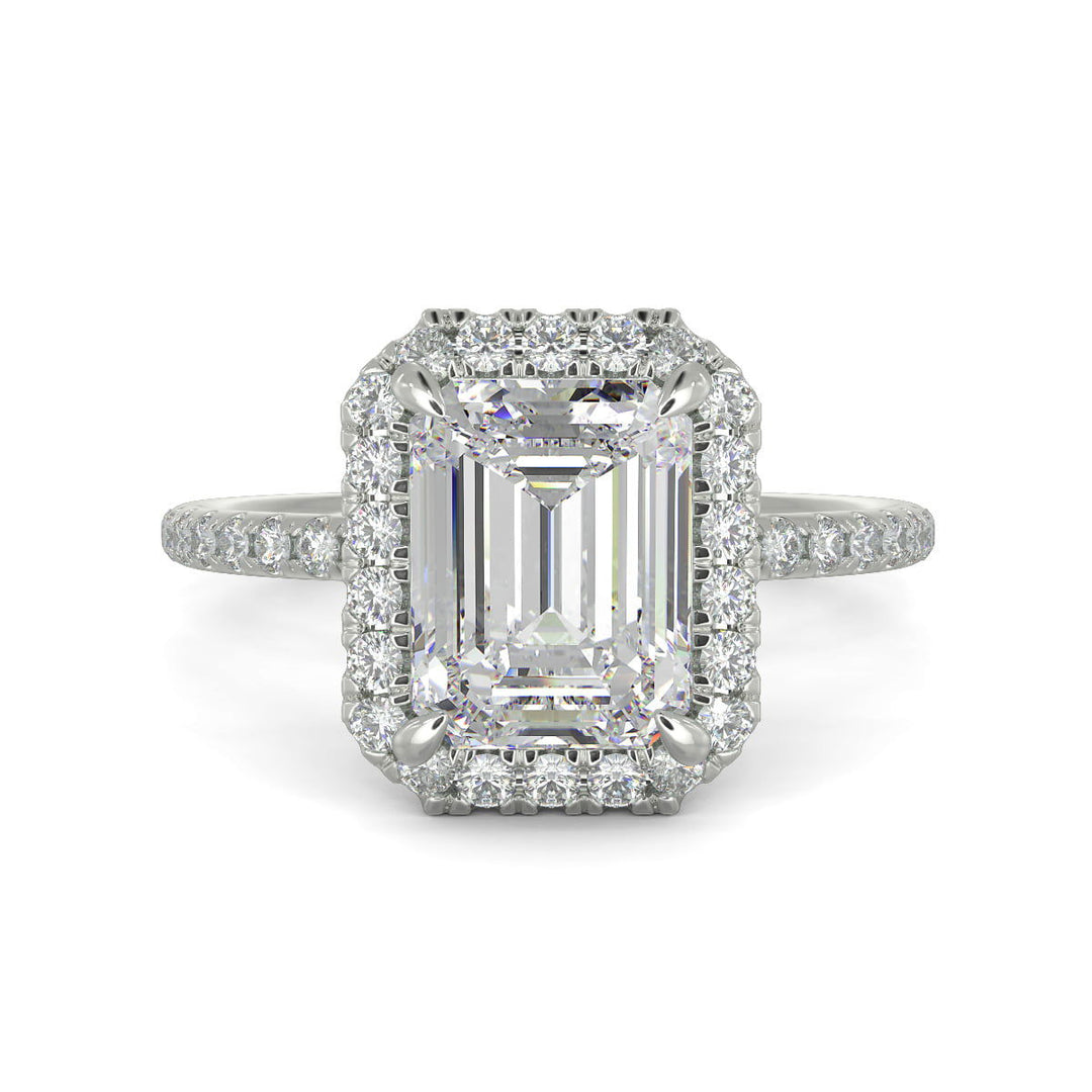 Catalina Emerald Cut Halo 4 Prong Claw Set Engagement Ring - Nivetta