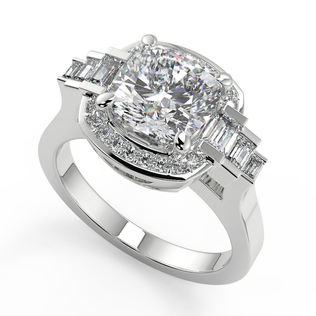 Gretchen Halo Baguette Accents Cushion Cut Engagement Ring - Nivetta