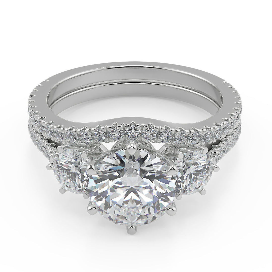 Iliana 3 Stone French Pave Round Cut Diamond Engagement Ring - Nivetta