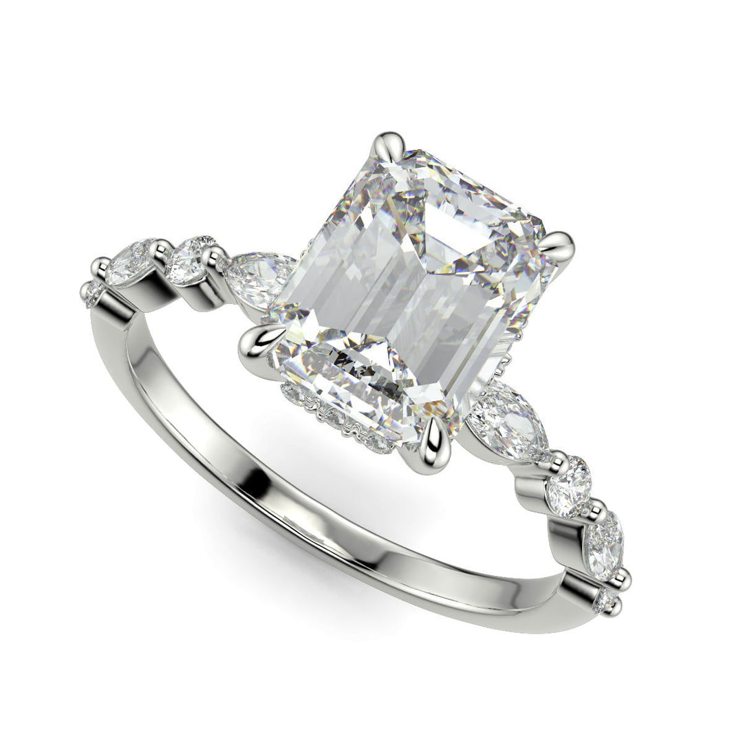 Julija Emerald Cut Hidden Halo Shared Prong Engagement Ring - Nivetta