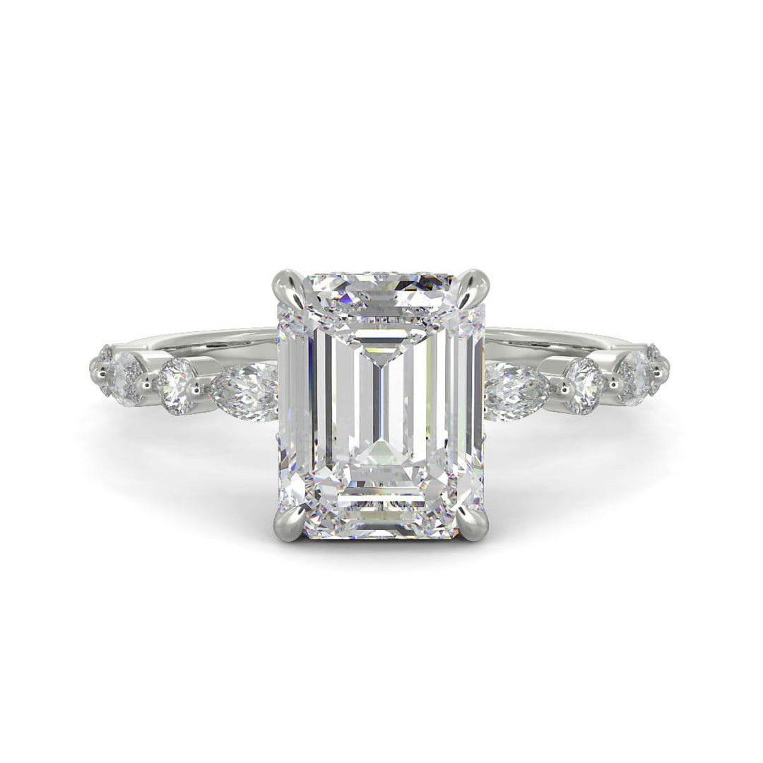 Julija Emerald Cut Hidden Halo Shared Prong Engagement Ring - Nivetta