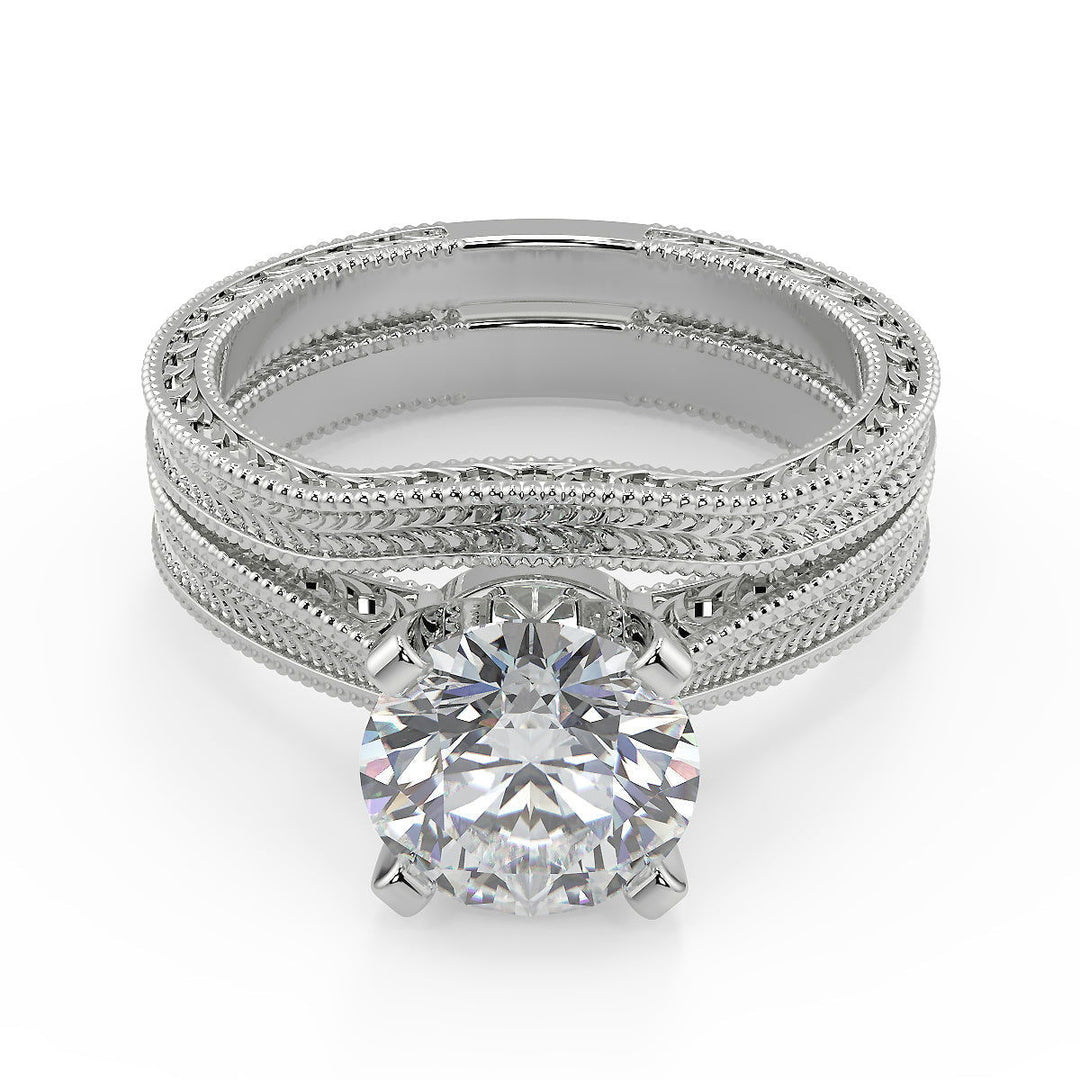 Karla Hand Engraved 4 Prong Milgrain Solitaire Round Cut Diamond Engagement Ring - Nivetta