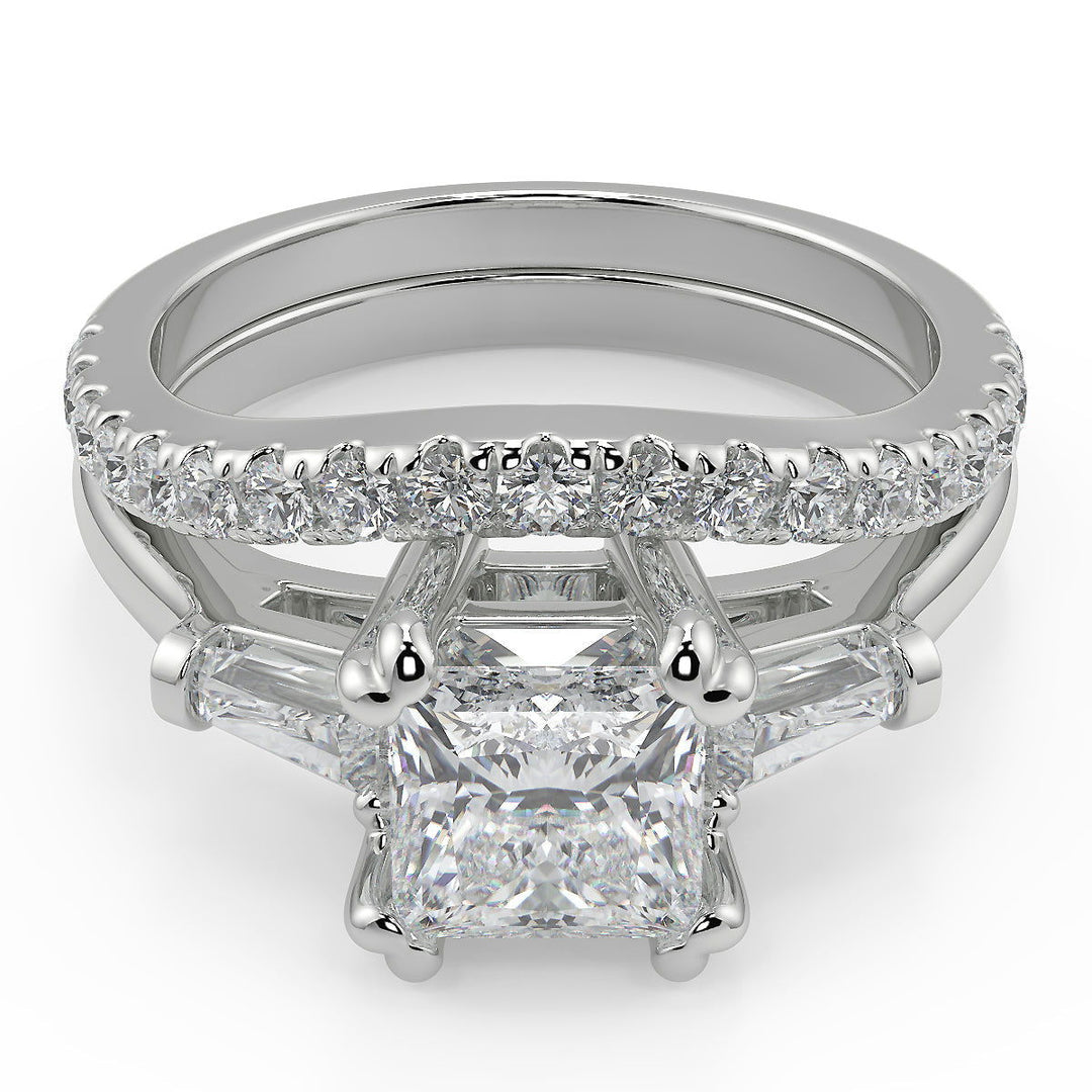 Kiara Baguette Accents 3 Stone Princess Cut Engagement Ring - Nivetta