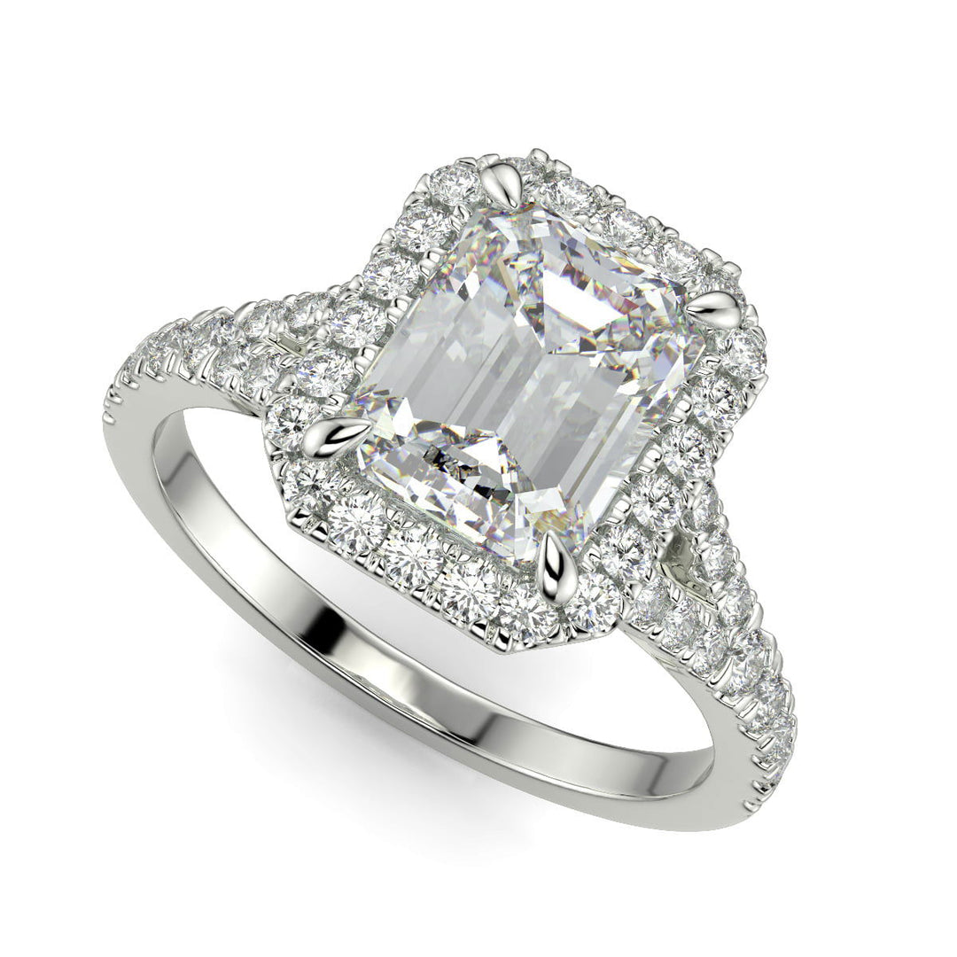 Luciana Emerald Cut Halo Split Shank Claw Set Engagement Ring - Nivetta