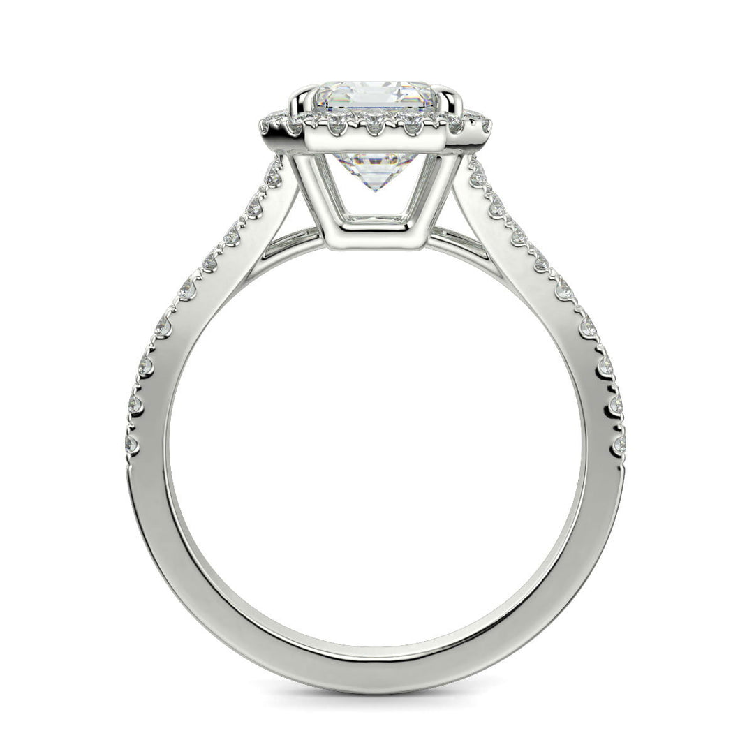 Luciana Emerald Cut Halo Split Shank Claw Set Engagement Ring - Nivetta