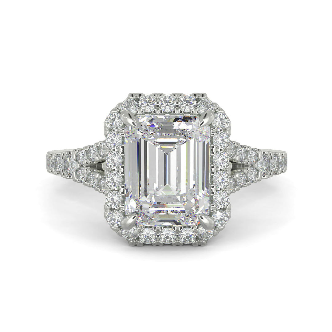 Luciana Emerald Cut Halo Split Shank Claw Set Engagement Ring - Nivetta